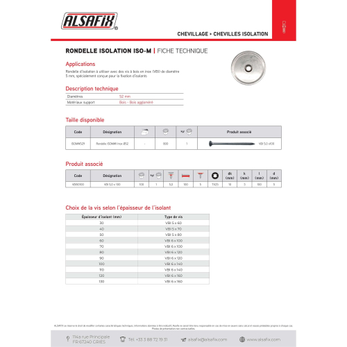Rondelles d'isolation Inox A2 ISOMWI - D. 52 mm Al. 6 mm - 800 pcs