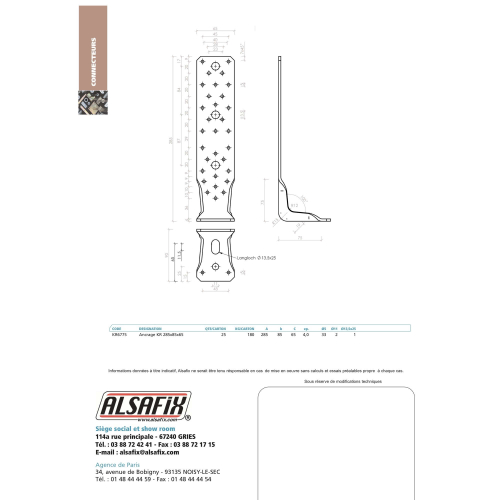 Ancrage de type KR (H x L x l x ép) 285 x 85 x 65 x 4,0 mm - AL-KR6775 - Alsafix