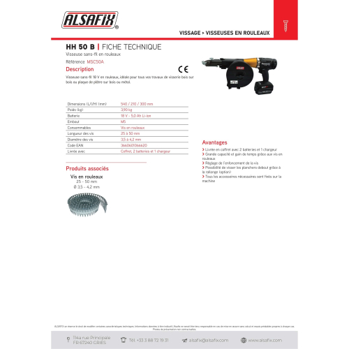 Visseuse à chargeur sans fil 4,2 Ah HH 50 pour vis en rouleaux SP - MSC50A - Alsafix