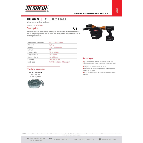 Visseuse à chargeur sans fil 18 V 3,3 Ah PANASONIC pour vis en rouleaux HH 80 B - MSC80A - Alsafix