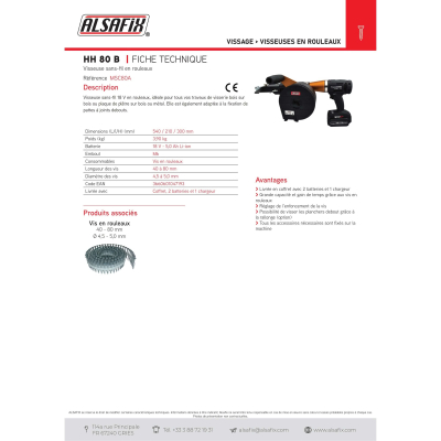Visseuse à chargeur sans fil 18 V 3,3 Ah PANASONIC pour vis en rouleaux HH 80 B - MSC80A - Alsafix