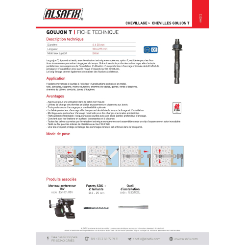 100 goujons d'ancrage T version zinguée ATE Option 7 D. 8 x LT. 100 mm - PO07415 - Alsafix