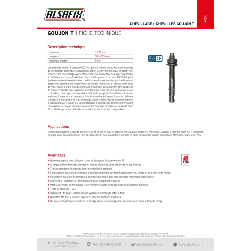 Blister de 10 goujons d'ancrage T D. 8 x Lt. 95 mm version INOX A4 ATE Option 7 - PO07808BL - Alsafix