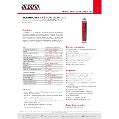 Mousse polyuréthane pistolable ALSAMOUSSE CF B1 coupe feu 750 ml - Alsafix