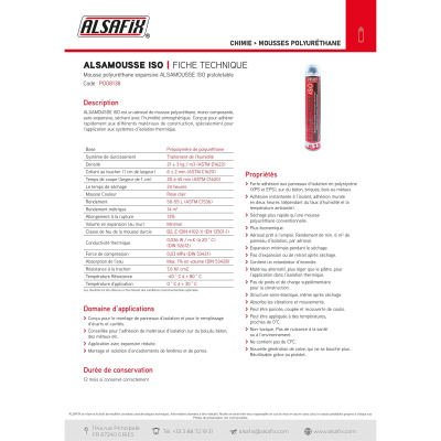 Mousse polyuréthane de collage d'isolation pistolable ALSAMOUSSE ISO 750 ml - PO08138 - Alsafix