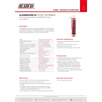 Mousse polyuréthane manuelle ALSAMOUSSE M 750 ml - PO08139 - Alsafix