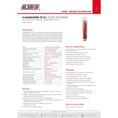 Mousse polyuréthane manuelle ALSAMOUSSE CF B1 coupe feu 750 ml - PO08141 - Alsafix