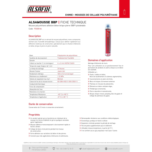 Mousse polyuréthane de collage béton, brique et pierre pistolable ALSAMOUSSE PU BBP 750 ml