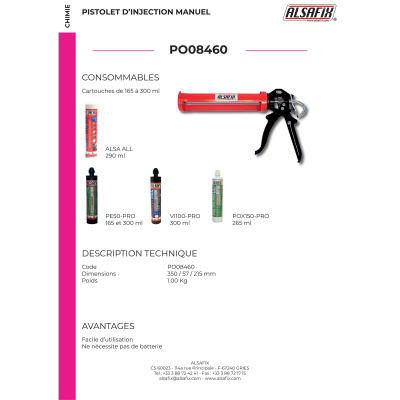 Pistolet d'injection manuel pour cartouche de résine 300 ml - PO08460 - Alsafix