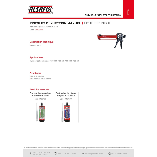 Pistolet d'injection manuel pour cartouche de résine 410 ml - PO08461 - Alsafix