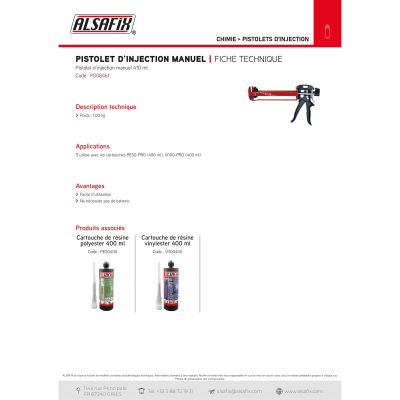 Pistolet d'injection manuel pour cartouche de résine 410 ml - PO08461 - Alsafix
