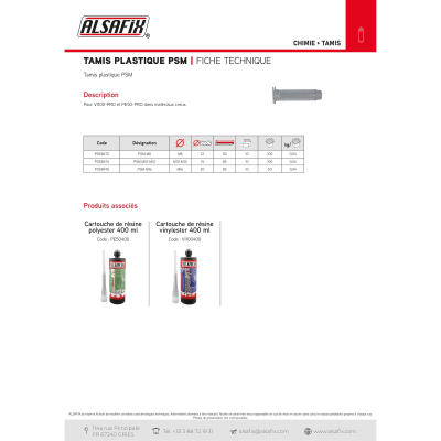 10 tamis d'injection en plastique PSM D. M16 x Lt. 85 mm - PO08478 - Alsafix