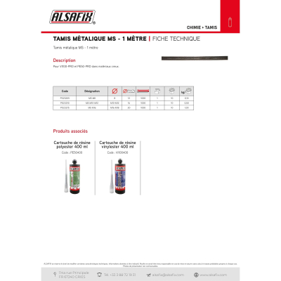 Tamis d'injection MS en métal M10-M12 x Lt. 1000 mm - PO23210 - Alsafix