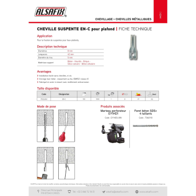 Blister de 20 chevilles suspente métallique EN-C pour plafond Lt. 47 mm - PO26060BL - Alsafix