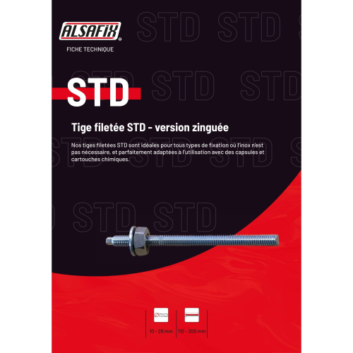 10 tiges filetées zinguées avec écrou et rondelle STD M12 x Lt. 165 mm