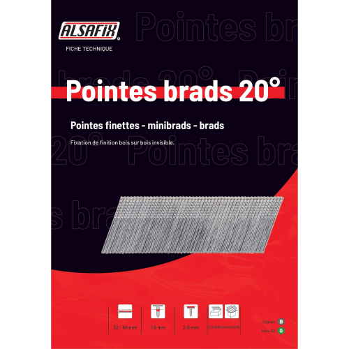 2 000 pointes brads galvanisés en bande 20° D. 1,6/2,9 x L. 38 mm - PO62752 Alsafix