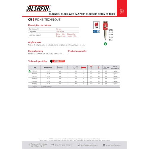 800 clous béton C5-22 XTRA-HARD (XH) x L. 22 mm + 2 cartouches de gaz C4 pour cloueur TRAK-IT C5 - PO65375 Alsafix