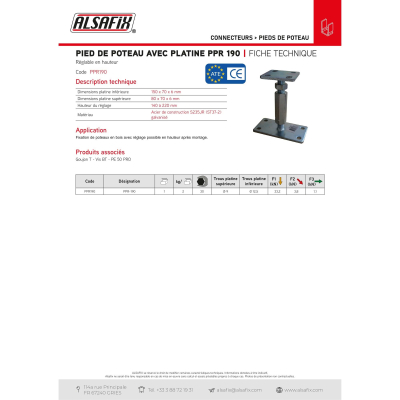 Pied de poteau réglable avec platine type PPR-190 (A x B x C x D x ép) 140-220 x 80 x 90 x M20 x 8/5 mm - AL-PPR190 - Alsafix