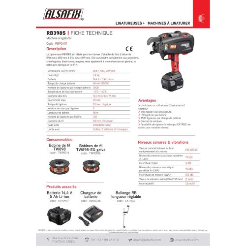 Ligatureuse RB 398S avec 2 batteries et un chargeur - 14,4 V 4,0 Ah
