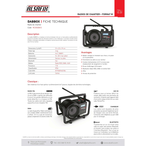 Radio de chantier DABBOX - 7 W - Bluetooth, MP3, Aux in, FM, DAB+ - Perfect Pro