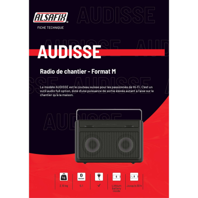 Radio de chantier AUDISSE - 2 x 15 (30) W - Wifi, Bluetooth, MP3, Aux in, FM, USB, DAB+ - Perfect Pro