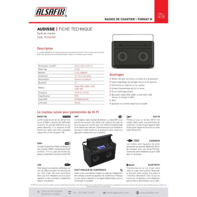 Radio de chantier AUDISSE - 2 x 15 (30) W - Wifi, Bluetooth, MP3, Aux in, FM, USB, DAB+ - Perfect Pro