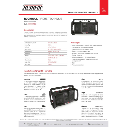 Radio de chantier ROCKBULL - 2 x 25 (50) W - Bluetooth, MP3, Aux in, FM, USB, DAB+ - Perfect Pro