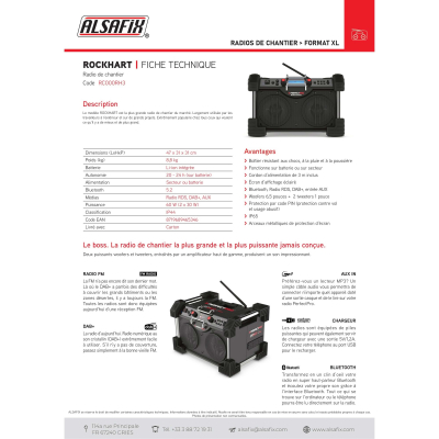 Radio de chantier ROCKHART - 2 x 30 (60) W - Bluetooth, MP3, Aux in, FM, DAB+ - Perfect Pro