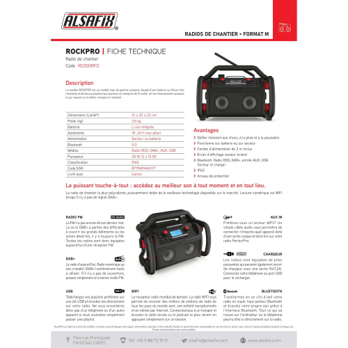 Radio de chantier ROCKPRO - 2 x 15 (30) W - Wifi, Bluetooth, MP3, Aux in, FM, USB, DAB+, Micro intégré - Perfect Pro