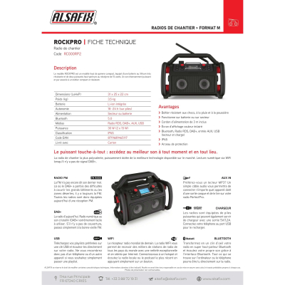 Radio de chantier ROCKPRO - 2 x 15 (30) W - Wifi, Bluetooth, MP3, Aux in, FM, USB, DAB+, Micro intégré - Perfect Pro