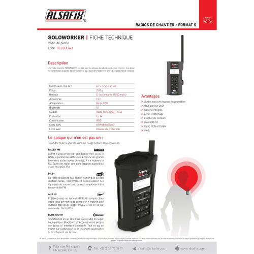 Radio de chantier SOLOWORKER - 2 W - Bluetooth, MP3, Aux in, FM, DAB+ - Perfect Pro