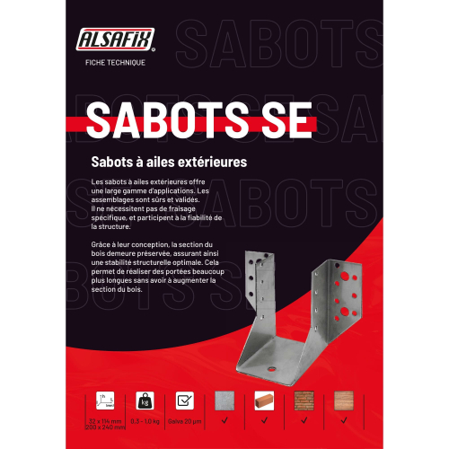 Sabot de charpente à ailes extérieures (P x l x H x ép) 80 x 140 x 210 x 2,5 mm - AL-SE140210 - Alsafix