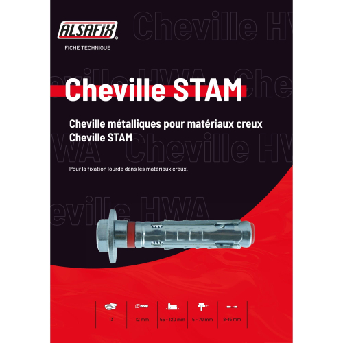 50 chevilles métalliques STAM D. 12 x M8 x Lt. 55 mm pour fixation lourdes sur matériaux creux - Zingué - SY70630 - Alsafix