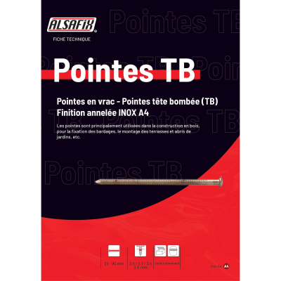 Pointe annelée INOX A4 en vrac tête bombée (TB) 3,5/3,8 x 90 mm - 1 kg - TB350909 Alsafix