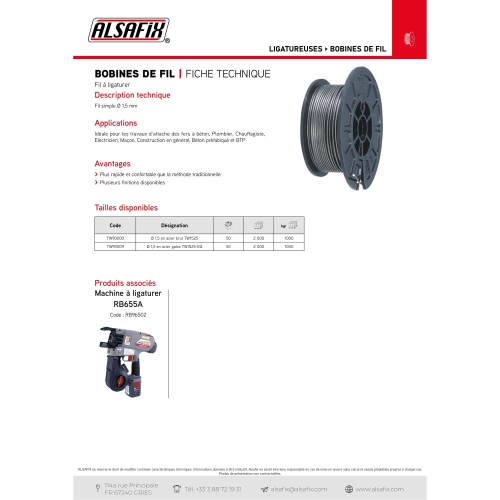 Bobine de fil D. 1,5 mm en acier galva TW1525-EG pour ligatureuse RB655A - TW90008 - Alsafix