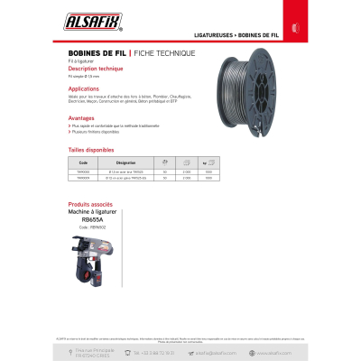 Bobine de fil D. 1,5 mm en acier galva TW1525-EG pour ligatureuse RB655A - TW90008 - Alsafix
