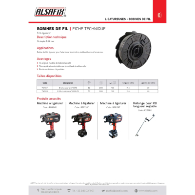 Bobine de fil D. 0,8 mm en acier galva TW898-EG pour ligatureuse RB218 et RB398 - TW90516 - Alsafix