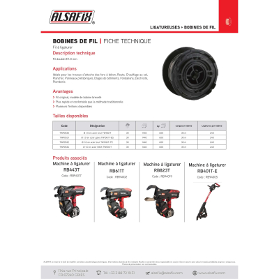 Bobine de fil D. 1 mm en acier brut TW1061T pour ligatureuse RB94001 - TW90530 - Alsafix