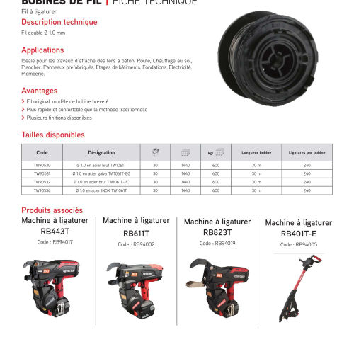 Bobine de fil D. 1 mm en acier galvanisé TW1061T-EG pour ligatureuse RB94001 - TW90531 - Alsafix