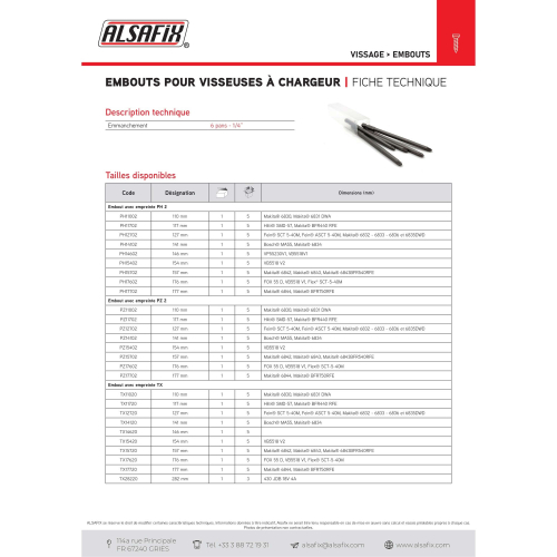 Embouts de Vissage Alsafix Empreinte PZ2 Emmanchement 6 Pans - 1/4" pour Visseuses à Chargeur