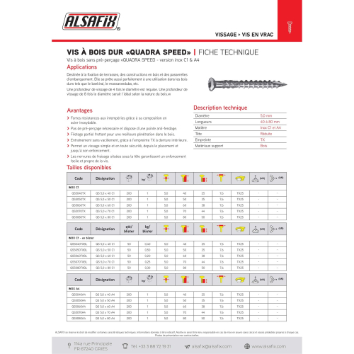 200 Vis Bois Quadra Speed en Vrac D. 5 mm Inox A2 Autoforeuse TX 25 - Alsafix