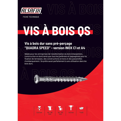 Blister de 50 Vis Bois Quadra Speed Autoforeuse TX25 D. 5 mm - Spécial Terrasse - Inox A2 - Alsafix