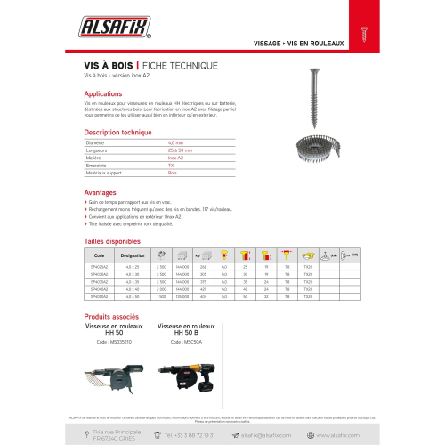 1000 Vis Bois en Rouleaux D. 4 mm Inox A2 TX 20 - Alsafix