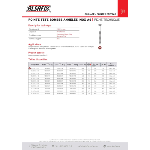 Pointe Annelée INOX A4 en vrac Tête Bombée (TB) 2,5/2,7 mm - 1 kg Alsafix