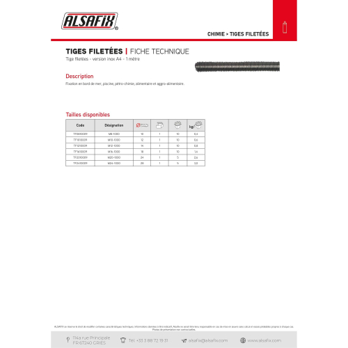 Tige Filetée INOX A4 x Lt. 1000 mm - Alsafix