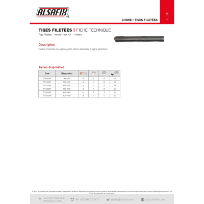 Tige Filetée INOX A4 x Lt. 1000 mm - Alsafix
