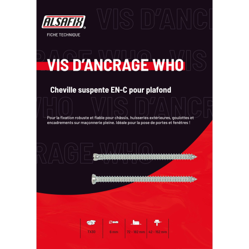 100 Vis D'ancrage WHO Tête Cylindrique TX25 D. 7,5 mm - Alsafix