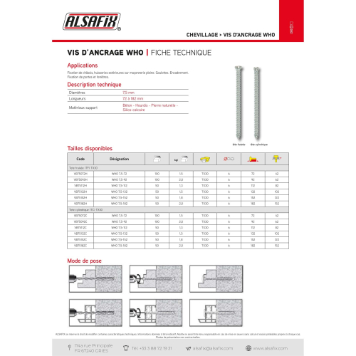 Blister de 10 Vis d'Ancrage Béton WHO Tête Fraisée TX30 D. 7,5 mm Spéciale Menuiserie - Zinguée - Alsafix