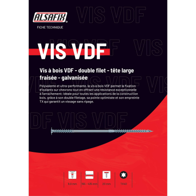 25 vis bois double filet tête large fraisée D. 8 x 435 mm galvanisées+ TX 40 - VDF80435 - Alsafix