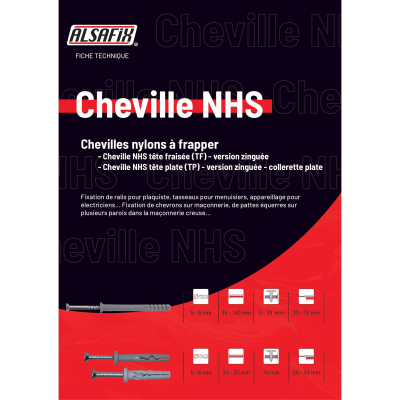 Blister de 50 Chevilles Nylon à Frapper Collerette Plate NHS D. 5 mm + Clou Tête Fraisée Alsafix